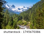 Gorgeous nature of the Roseg Valley in September. It is a valley of the Swiss Alps, located on the north side of the Bernina Range in Graubünden The valley is drained by the Ova da Roseg river