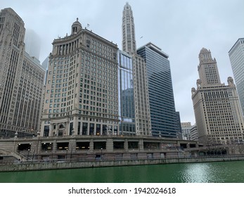 A Gorgeous Panoramic View Of Chicago River And Architectures With Green Water Due To St. Patrick Day. 