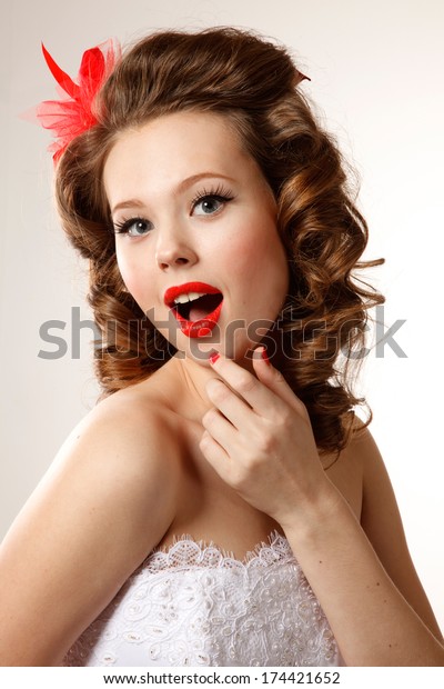 Gorgeous Pinup Bride Closeupprofessional Makeup Hair Stock Photo
