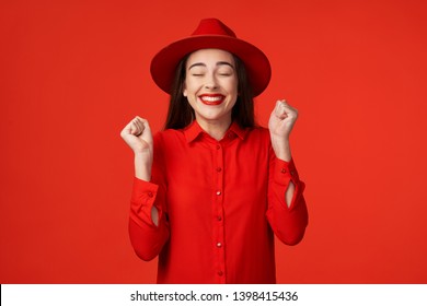 Gorgeous Pretty Woman In Red Shirt With Make Up On Face Model Luxury Red Isolated Background 