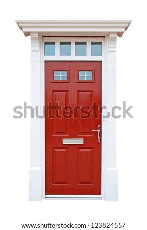 gorgeous red british house door (isolated on white background)