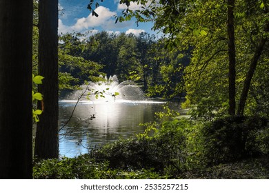 a gorgeous shot of a majestic water fountain in the middle of still lake water with lush green and autumn colored trees and plants reflecting off the lake water with blue sky and clouds at Lenox Park	 - Powered by Shutterstock