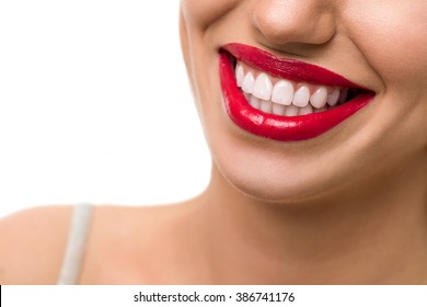 Gorgeous Smile With Red Lips And Healthy White Teeth 