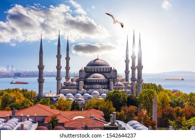 Gorgeous Sultan Ahmet Mosque in Istanbul and the Bosporus on the background