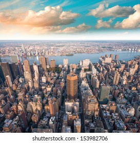 Gorgeous Summer Sunset Over Manhattan Skyscrapers - New York City.