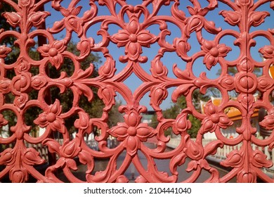 Gorgeous Thai Traditional Pattern of Cast Iron Railing of the Bridge Crossing a Canal inside Wat Benchamabophit Marble Temple, Historic Temple in Bangkok, Thailand