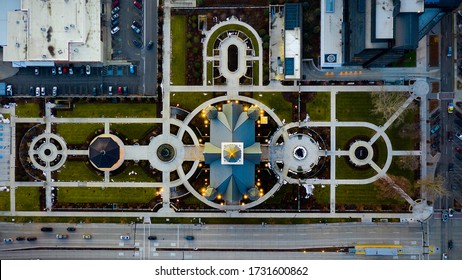 Gorgeous Top Bird's Eye Aerial Drone Shot Of A Religious Temple Located In Downtown Provo, UT.