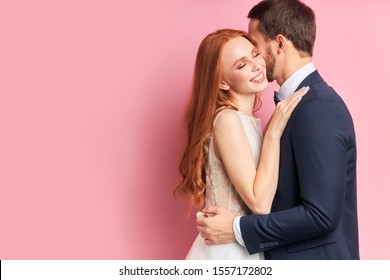 Gorgeous Two People Get Married, Woman With Red Hair, Bearded Man Stand Hugging Each Other, Happ Couple. Family, Love, Couple, Relationships Concept