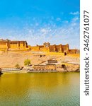 Gorgeous view of the Amer Fort and Palace (Amber Fort) on blue sky background in Jaipur, Rajasthan, India.