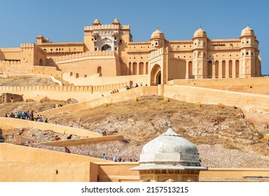 Gorgeous view of the Amer Fort and Palace (Amber Fort) on blue sky background in Jaipur, Rajasthan, India. Rajput military hill architecture. Jaipur is a popular tourist destination of South Asia. - Shutterstock ID 2157513215