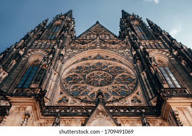 Gorgeous view of Gothic capel  cathedral , Monument of German Roman  Catholicism Neogothic architecture .the Catholic St. Vitus, Wenceslas and Adalbert in Prague. Aerial panoramic drone sky  view 