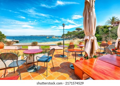 Gorgeous View Of  Porto Rafael Resort From Beach Bar. Famous Travel Destination. Location: Porto Rafael, Olbia Tempio Province, Sardinia, Italy, Europe