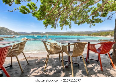 Gorgeous View Of  Santa Giulia Resort From Beach Bar. Famous Travel Destination. Location: Santa Giulia, Porto-Vecchio, Corsica, France, Europe