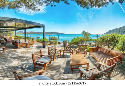 Gorgeous View Of  Santa Giulia Resort From Beach Bar. Famous Travel Destination. Location: Santa Giulia, Porto-Vecchio, Corsica, France, Europe