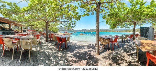 Gorgeous View Of  Santa Giulia Resort From Beach Bar. Famous Travel Destination. Location: Santa Giulia, Porto-Vecchio, Corsica, France, Europe