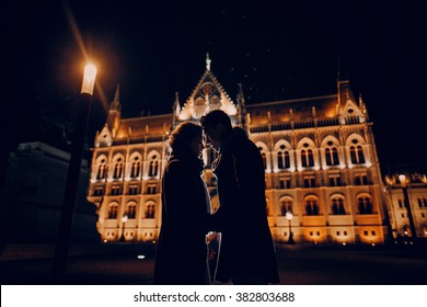 Gorgeous Wedding Couple Walking In Budapest At Night
