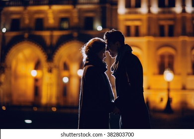 Gorgeous Wedding Couple Walking In Budapest At Night
