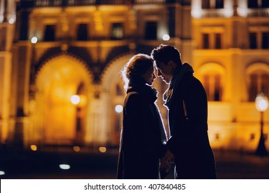 Gorgeous Wedding Couple Walking In Budapest At Night
