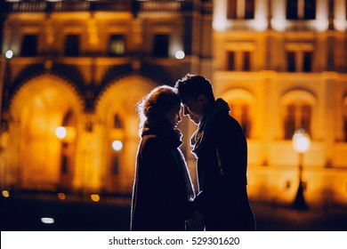 Gorgeous Wedding Couple Walking In Budapest At Night
