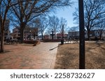 A gorgeous winter landscape at the Marietta Square with red brick footpath, a water fountain, bare trees, pink trees, and lush green plants with a clear blue sky in Marietta Georgia USA