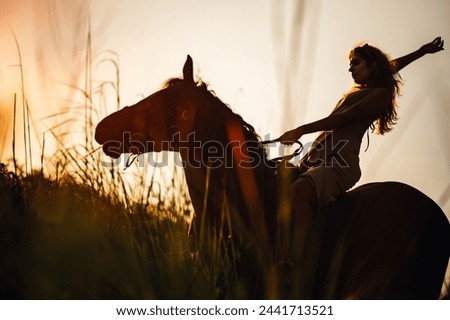 A gorgeous woman is enjoying horseback riding at sunset at tall grassland at sunset in wild nature. Portrait of a woman taming a horse while riding in wild nature. Silhouette of woman riding a horse.