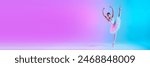 Gorgeous young ballet dancer standing on tiptoe and reaching up in dance in neon light against vivid gradient background. Concept of art, movement, classical and modern fusion, beauty and fashion. Ad