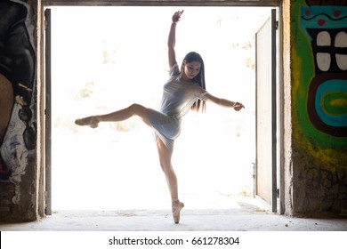 Gorgeous young ballet dancer standing en pointe and performing a dance routine in an urban setting - Powered by Shutterstock