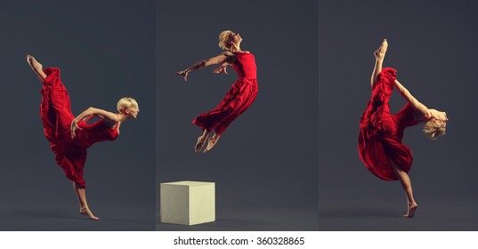 Gorgeous young ballet dancer wearing red dress over dark grey background.