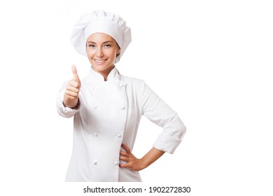 Gorgeous young brunette chef woman isolated on white background 