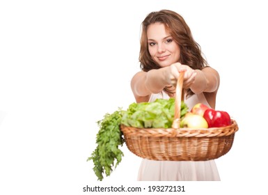 Gorgeous Young Brunette Woman With Basket Of Fresh Produce Isolated On White Background.