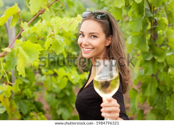 Gorgeous Young Brunette Woman Enjoying Wine Stock Photo 1984796321 ...
