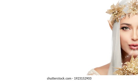 Gorgeous young woman with straight silver hair dressed as an Elf Queen for a carnival celebration with golden head band in a half portrait border over white in a panorama banner with copy space.