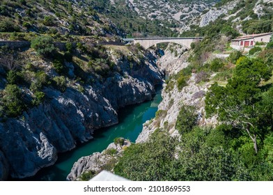 The gorges of the Hérault, and the Devil's Bridge, in the Occitanie region, France. - Shutterstock ID 2101869553