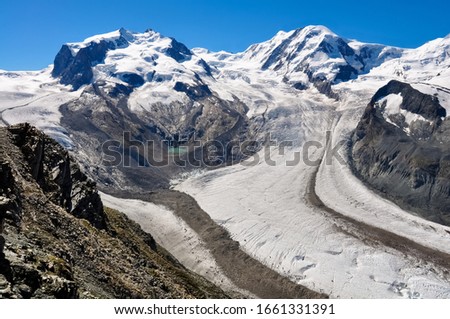 Gorner Glacier „Gornergletscher“ Panorama in Summer of 2010 seen from Gornergrat Viewpoint in Zermatt Wallis Switzerland with Monte Rosa Peaks, Dufourspitze and Breithorn. Melting Ice at summer time.