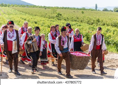 GORNO IZVOROVO, BULGARIA - MAY 29, 2016 - Bulgarian annual Rose picking ritual. People singing and dancing dressed in traditional clothing.