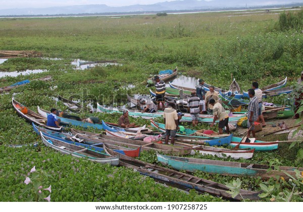 Gorontalo, Indonesia -\
October 22, 2016: fishermen and Water hyacinth. Water hyacinth that\
has a lot of problems and causes the circulation of water in the\
river to crash.