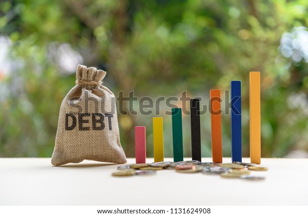 Gorvernment or public  national debt concept : Color\
wood bar graph, coin and a debt bag on a table, depicts the\
government collects taxes less than spending, the difference is\
called deficit or\
debt