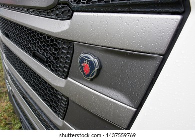 Goryainovka, Mordovia, Russia - June 28, 2019: Scania Logo Seen On A Truck Hood.