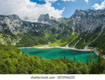 Gosau lake and Dachstein summit mountain range and visible glacier ice during summertime, Upper-Austria, Europe