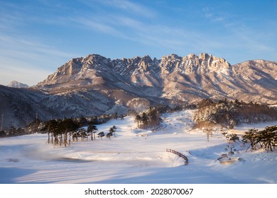 Goseong-gun, Gangwon-do, South Korea - January 21, 2017: Panoramic and morning view of snow covered Delfino Golf and Resort against Ulsanbawi Rock of Seoraksan National Park
