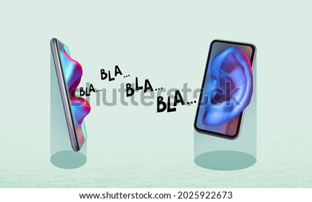 Gossip between two people using a smartphone. Art collage 