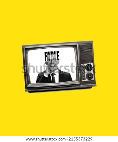 Gossip, fable, fake news. Contemporary art collage. Excited man sticking out from retro tv set isolated on yellow background. Concept of art, surrealism, news, sales, info, discount. Copy space for ad