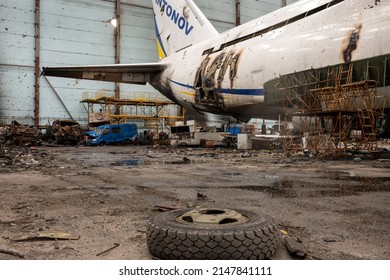 Gostomel, Ukraine - Apr. 03, 2022: Largest airplane in world, war destroyed on Ukraine airport by russian troops, war consisting of destruction airplane in airport into small pieces, war in Ukraine