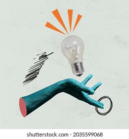 Got an idea. Contemporary art collage with human hand and lightbulb expressing new idea. Vintage style design. Creative imagination. Modern art. Copy space for ad