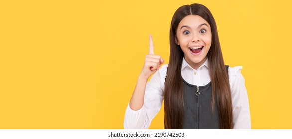 Got Idea. Happy Kid Keep Finger Up Yellow Background. Idea. Eureka. Inspiration. Think Big. Child Face, Horizontal Poster, Teenager Girl Isolated Portrait, Banner With Copy Space.