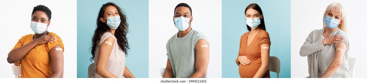 I Got My Coronavirus Vaccine. Smiling Multiethnic Patients In Medical Face Mask Showing Vaccinated Arm After Antiviral Injection For Covid-19 Protection, Posing On Studio Background, Looking At Camera - Powered by Shutterstock