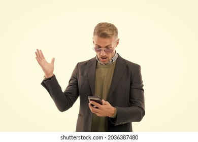 Got SMS. Businessman Read Sms In Smartphone Isolated On White. Sms Messaging. Short Message Service. Bulk Text Messaging For Business. SMS Marketing Reach People On Go. Mobile Lifestyle