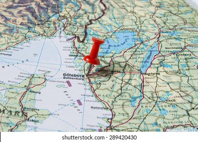 Goteborg Marked With Red Pushpin On Map. Selected Focus On Goteborg And Bright Red Pushpin. Pushpin Is In An Angle. Southern Parts Of Norway And Sweden Can Be Seen On Map. 