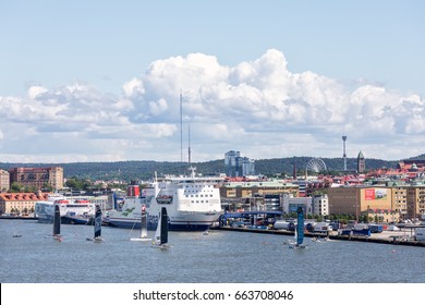 Goteborg, Sweden - 17 June , 2017: View over Gota Alv and central parts of gothenburg during ongoing sailboat racing.