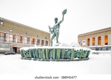 Goteborg, Sweden - Jan 19, 2016: Statue Of Poseidon Made By Carl Milles, At Gotaplatsen With Museum, Concert Hall, Theatre And Cinema In It Close Surroundings.